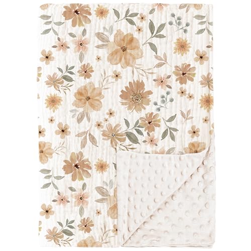 Konssy Baby Blankets for Unisex Boys Girls Super Soft Nursery Minky Blankets with Muslin Cotton Front and Dotted Fleece Backing Printed Bed Throws Newborn