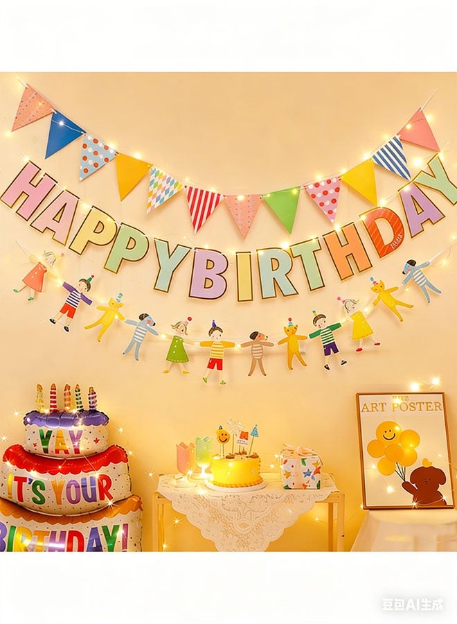 Happy D Birthday decoration banner with lights, 3-piece set, featuring 'Happy Birthday' design and a vibrant balloon banner. Perfect for birthday parties. Length: (500 cm). - Image 4
