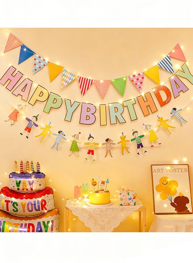 Happy D Birthday decoration banner with lights, 3-piece set, featuring 'Happy Birthday' design and a vibrant balloon banner. Perfect for birthday parties. Length: (500 cm). - Image 1