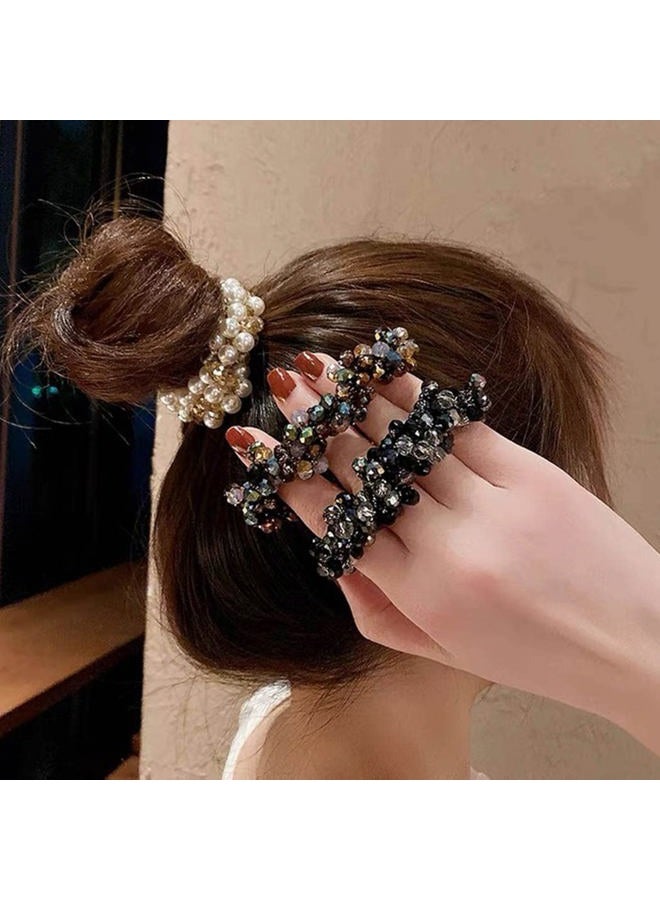 Unicra Pearl Hair Ties Beaded Fancy Elastic Hair Scrunchies Set Fashion Decorative Ponytail Holder Pearls Hair Accessories for Women and Girls 3PCS (Pearl&Rhinestone) - Image 3