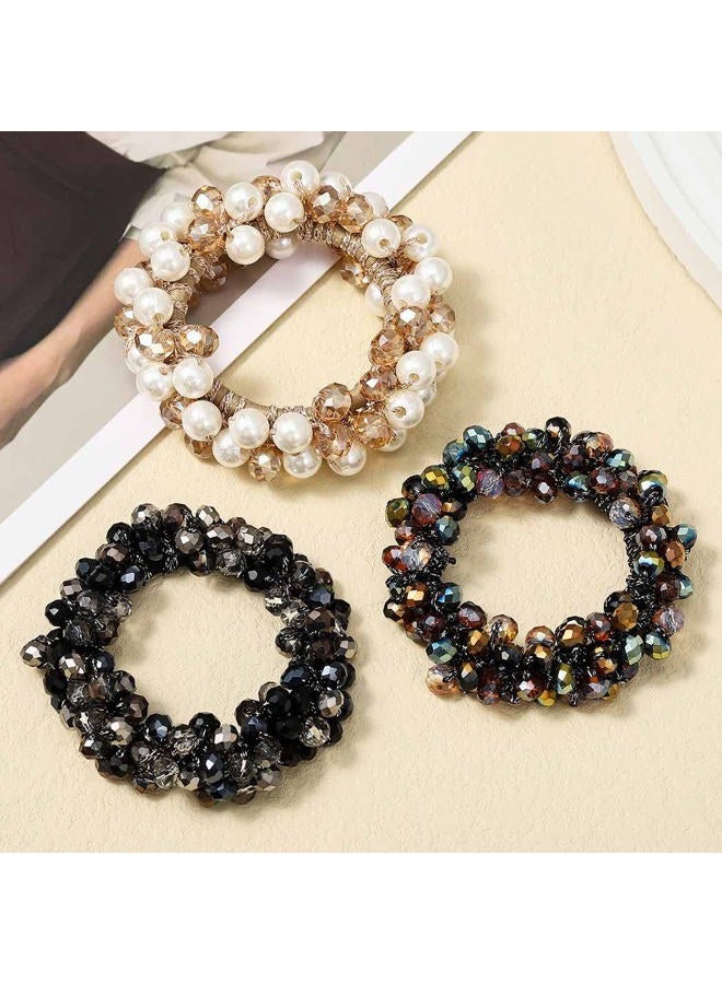 Unicra Pearl Hair Ties Beaded Fancy Elastic Hair Scrunchies Set Fashion Decorative Ponytail Holder Pearls Hair Accessories for Women and Girls 3PCS (Pearl&Rhinestone) - Image 5