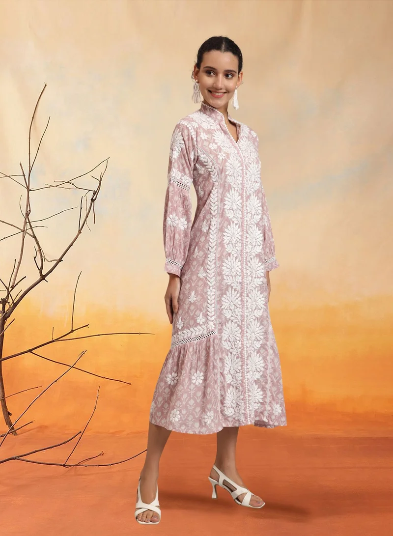 Alaya Hand Embroidered Chikankari Mulmul Cotton Printed Jalabiya-AL4053