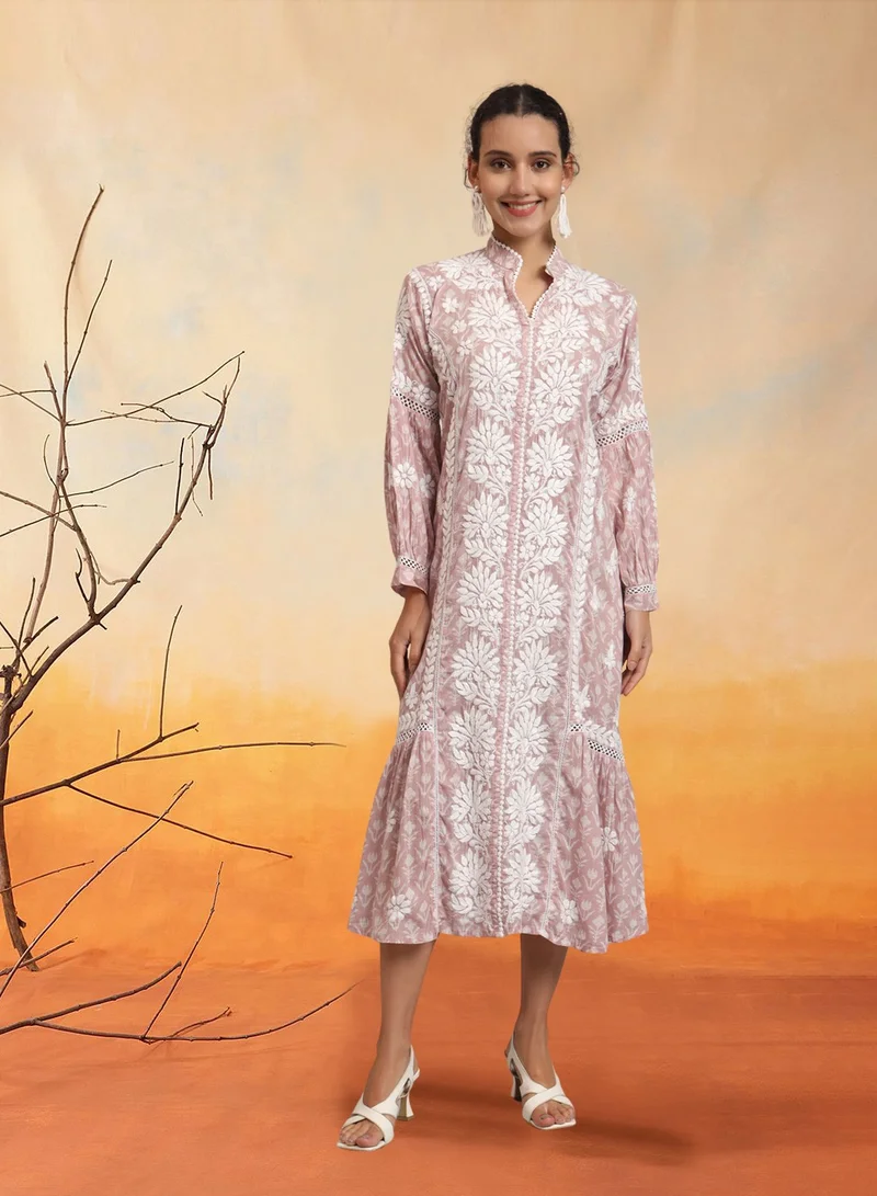 Alaya Hand Embroidered Chikankari Mulmul Cotton Printed Jalabiya-AL4053