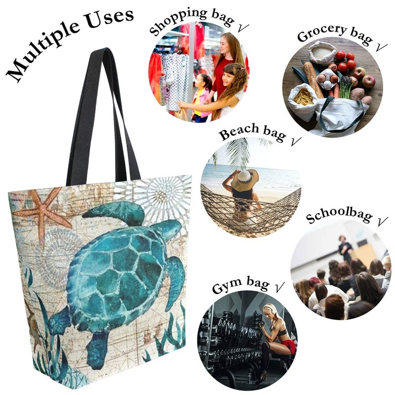 Naanle Ocean Turtle Canvas Tote Bag Large Women Casual Shoulder Bag Handbag  Sea Turtle Reusable Multipurpose Heavy Duty Shopping Grocery Cotton Bag for Outdoors. - Image 4