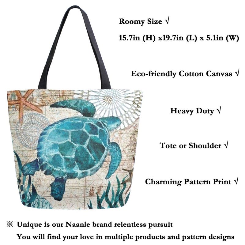 Naanle Ocean Turtle Canvas Tote Bag Large Women Casual Shoulder Bag Handbag  Sea Turtle Reusable Multipurpose Heavy Duty Shopping Grocery Cotton Bag for Outdoors. - Image 3