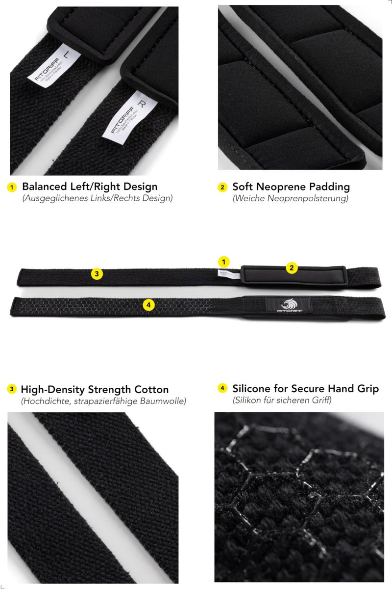 FitgriffÂ® Lifting Wrist Straps for Weightlifting, Gym, Deadlift, Workout (Made of Premium Cotton & Padded) - Men & Women (Standard, Black (Silicone-Grip)) - Image 3