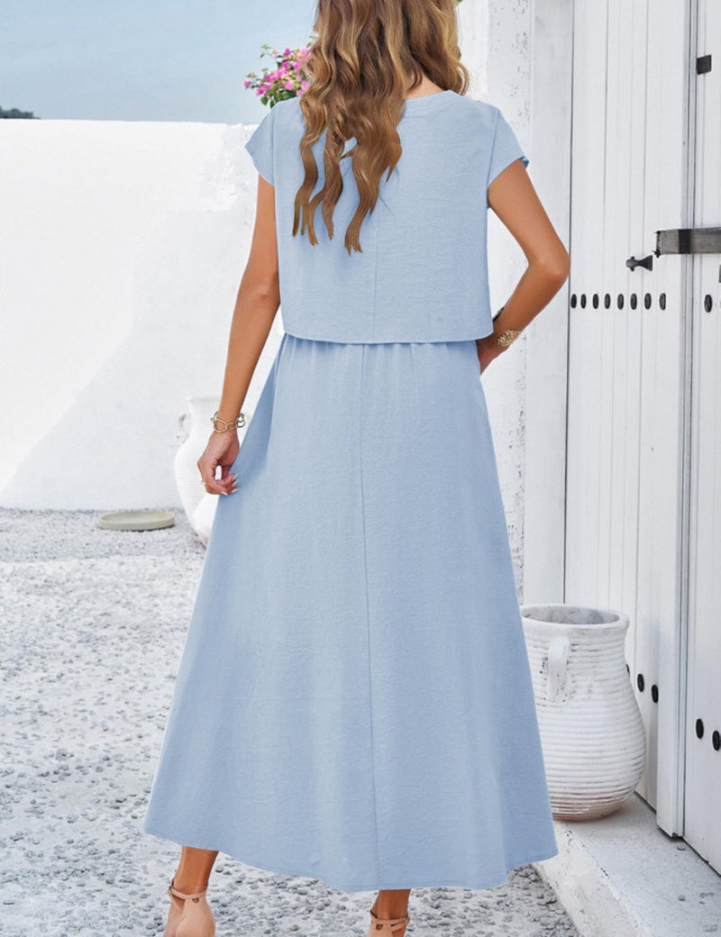 HangNiFang Summer Skirt Sets Women 2 Piece Outfits Cap Sleeve Top Elastic Waist Maxi Dress Sets with Pockets(1218-Blue-S) - Image 4