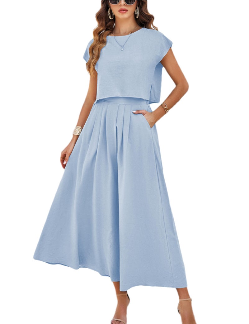 HangNiFang Summer Skirt Sets Women 2 Piece Outfits Cap Sleeve Top Elastic Waist Maxi Dress Sets with Pockets(1218-Blue-S) - Image 1