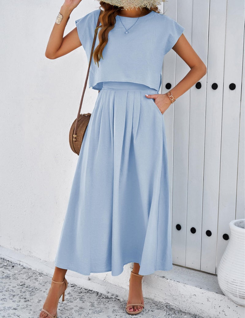 HangNiFang Summer Skirt Sets Women 2 Piece Outfits Cap Sleeve Top Elastic Waist Maxi Dress Sets with Pockets(1218-Blue-S) - Image 2