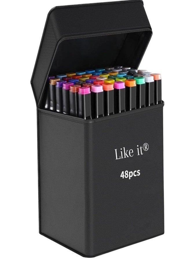 Like-It like it Dual Tip Art Markers 48 Colours With Carrying Case For Painting Sketching Calligraphy Drawing Odorless &Non Toxic Twin Head Permanent Colouring Markers For Kids Adult Beginners|Assorted - Image 1