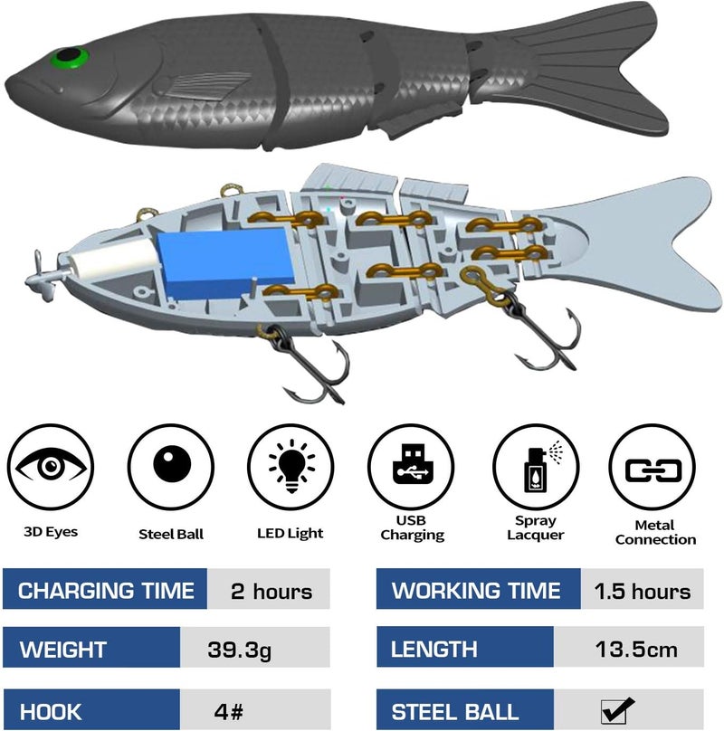 watalure Robotic Swimming Fishing Electric Lures 5.12" USB Rechargeable LED Light Wobbler Multi Jointed Swimbaits Hard Lures Fishing Tackle - Image 2