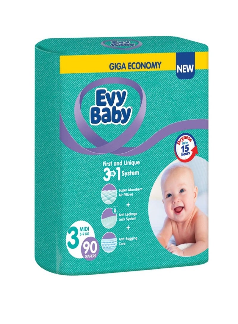 evy baby Evy Baby, Diapers, Number 3, From 5-9 Kg, Giga Economy Pack - 90 Pcs 