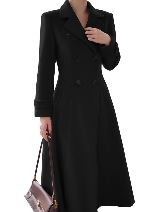 IDEALSANXUN Long Wool Coat for Women 2024 Winter Coat Double Breasted Trench Coat Coatigan Peacoat Maxi Dress Jackets, Black, L - Image 2