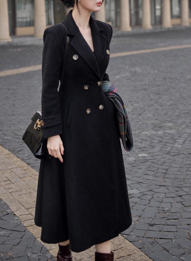 IDEALSANXUN Long Wool Coat for Women 2024 Winter Coat Double Breasted Trench Coat Coatigan Peacoat Maxi Dress Jackets, Black, L - Image 3