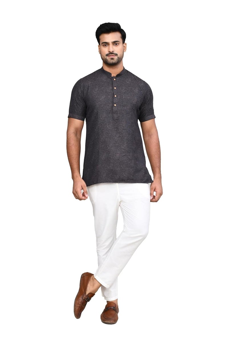 Polyfab Hathkargha Men’s Short Sleeve Kurta with All-Over Paisley Print, Mandarin Collar & Button Placket - Image 1