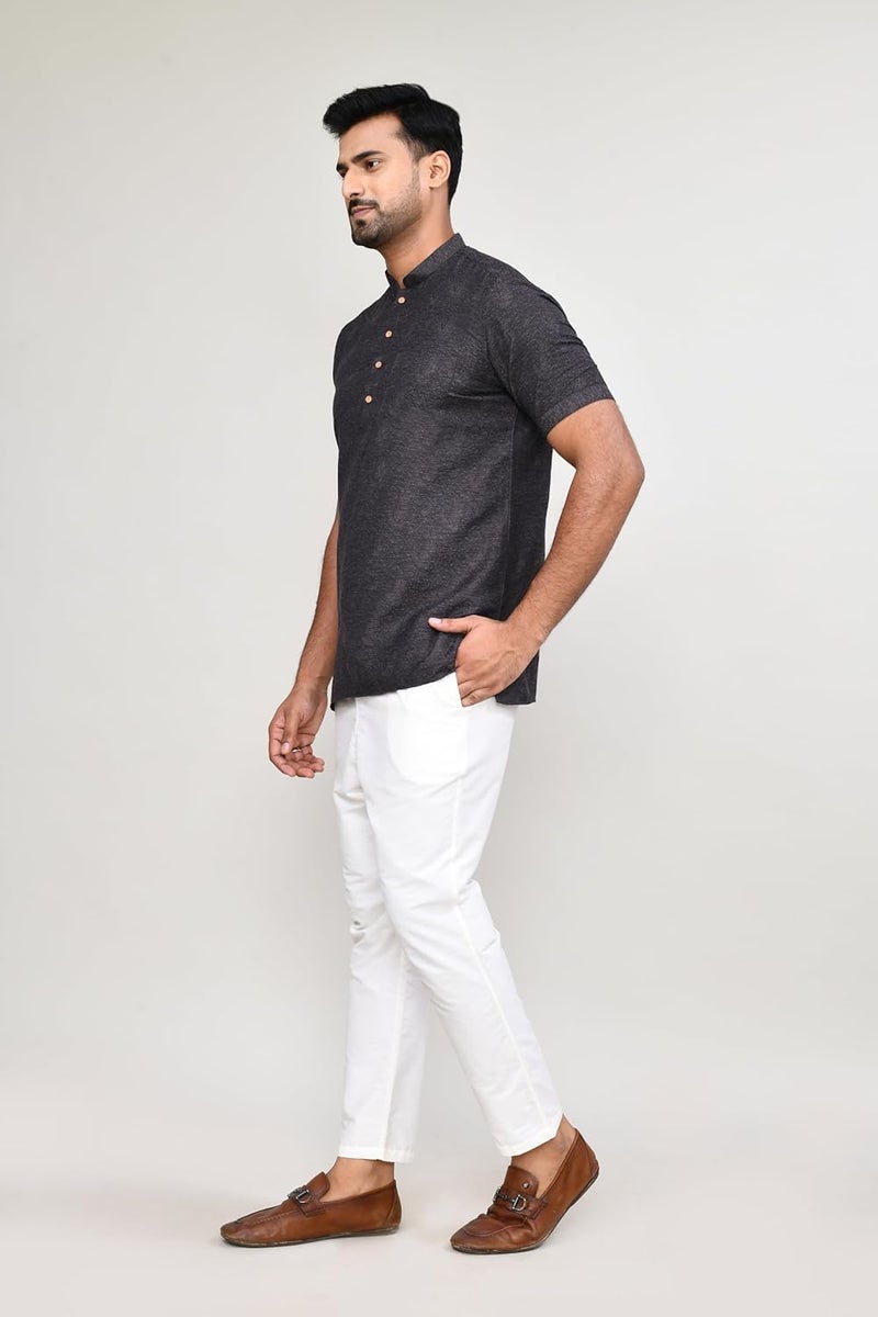 Polyfab Hathkargha Men’s Short Sleeve Kurta with All-Over Paisley Print, Mandarin Collar & Button Placket - Image 3