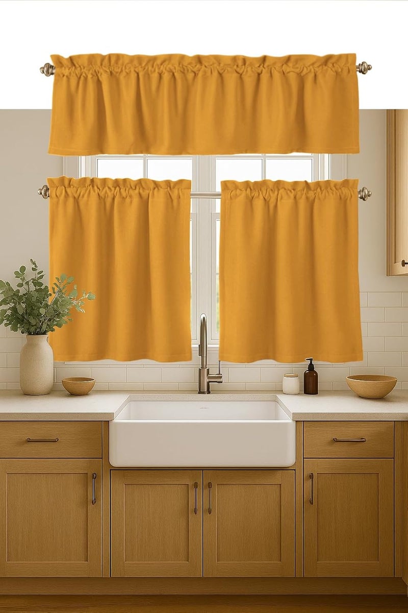 Native Fab 3 Pieces Window Curtain Tiers 26"x36" and Valance 54"x18" Set - Rod Pocket - Semi Sheer - Farmhouse Half Curtain for Kitchen, Bedroom, Bathroom - Mustard Yellow - Image 1