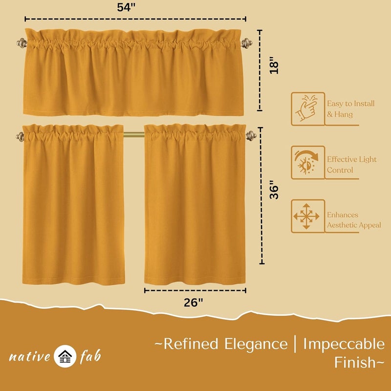Native Fab 3 Pieces Window Curtain Tiers 26"x36" and Valance 54"x18" Set - Rod Pocket - Semi Sheer - Farmhouse Half Curtain for Kitchen, Bedroom, Bathroom - Mustard Yellow - Image 4