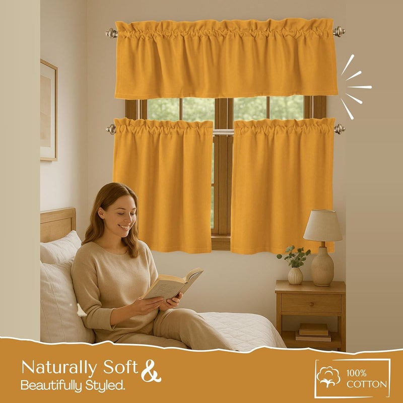 Native Fab 3 Pieces Window Curtain Tiers 26"x36" and Valance 54"x18" Set - Rod Pocket - Semi Sheer - Farmhouse Half Curtain for Kitchen, Bedroom, Bathroom - Mustard Yellow - Image 3