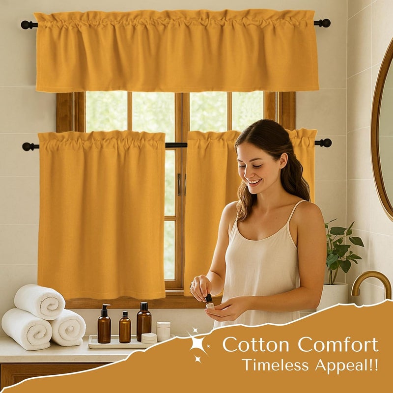 Native Fab 3 Pieces Window Curtain Tiers 26"x36" and Valance 54"x18" Set - Rod Pocket - Semi Sheer - Farmhouse Half Curtain for Kitchen, Bedroom, Bathroom - Mustard Yellow - Image 2
