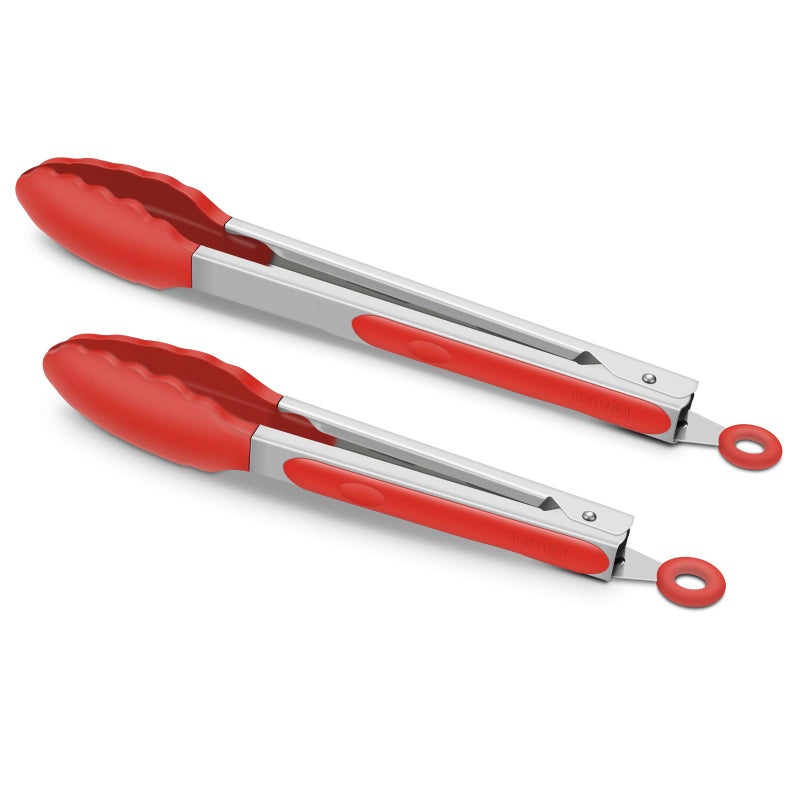 ALLWIN-HOUSEWARE W Set of 2 Kitchen Tongs 9Inch  12Inch Premium Stainless Steel BPA Free Silicone NonStick Grilling Barbeque Cooking Locking Food Tongs Red