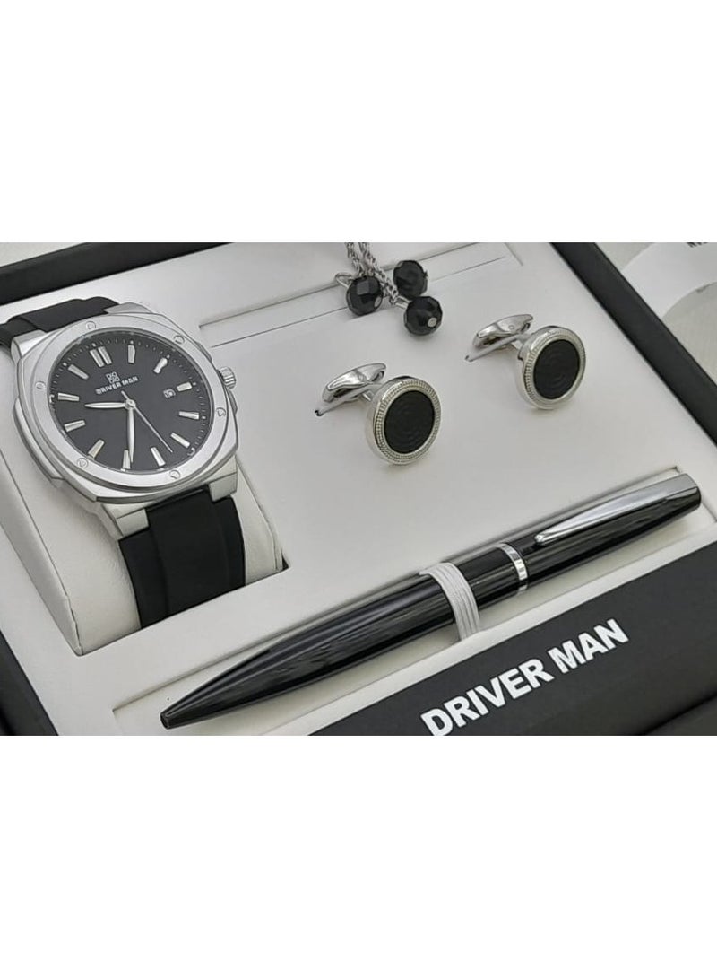 DRIVERMAN Driver Man men's watch set with a luxury box. Consisting of a watch, pen, cufflinks, and rosary.
