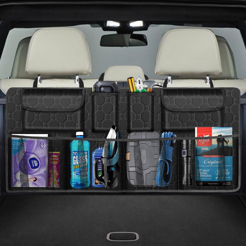 esouler Car Trunk Organizer, Super Capacity Backseat Car Organizer for SUV/Truck/MPV(42"*18"), Hanging Car Storage Organizer with 8 Pocekts, Car Accessories for Women and Men- Black - Image 1
