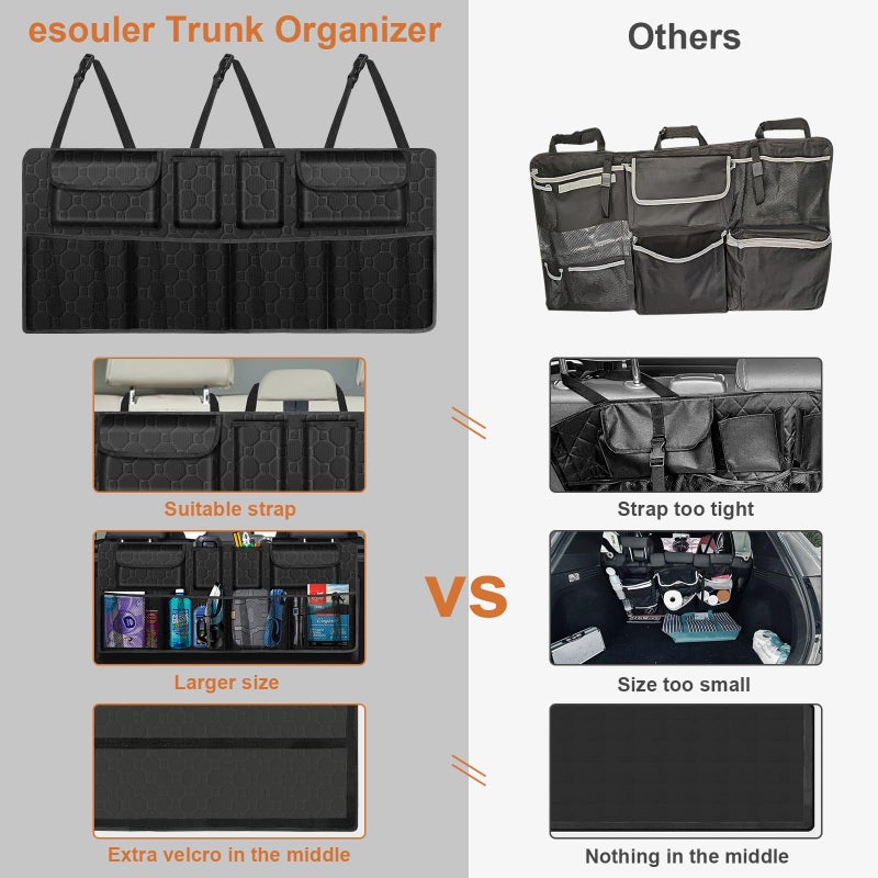 esouler Car Trunk Organizer, Super Capacity Backseat Car Organizer for SUV/Truck/MPV(42"*18"), Hanging Car Storage Organizer with 8 Pocekts, Car Accessories for Women and Men- Black - Image 2