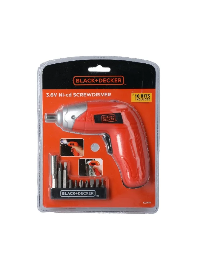 BLACK+DECKER 3.6V Li-Ion Cordless Power Screwdriver Kit with 10-Piece Bit Orange and Silver 6.2 x 16.4 x 5.2 cm KC3610-B5