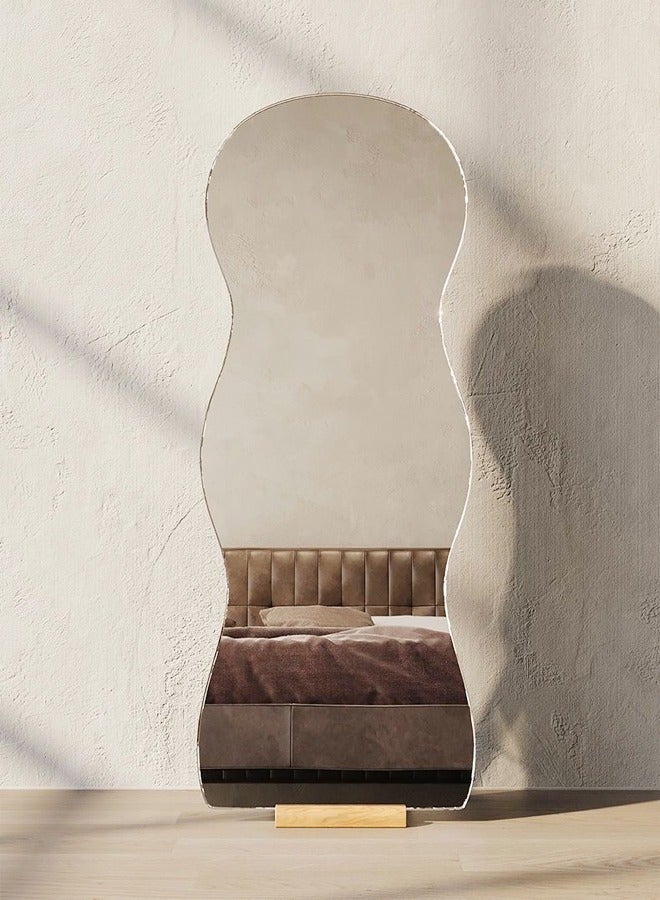 C&C Home Modern Scandinavian Design Full Length Mirror Standing Hanging or Leaning Against Wall Large Bedroom Floor Mirror Dressing Mirror Wall-Mounted Mirror Wood Frame Wavy Mirror Round Corner 50x160 cm - Image 1