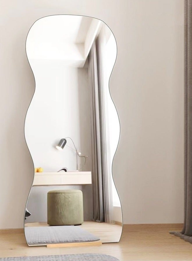 C&C Home Modern Scandinavian Design Full Length Mirror Standing Hanging or Leaning Against Wall Large Bedroom Floor Mirror Dressing Mirror Wall-Mounted Mirror Wood Frame Wavy Mirror Round Corner 50x160 cm - Image 3