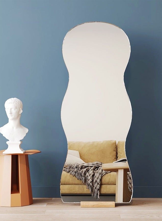 C&C Home Modern Scandinavian Design Full Length Mirror Standing Hanging or Leaning Against Wall Large Bedroom Floor Mirror Dressing Mirror Wall-Mounted Mirror Wood Frame Wavy Mirror Round Corner 50x160 cm - Image 2