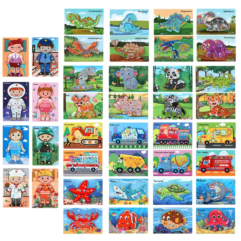 Wooden Animal Traffic Cognitive Cartoon Three-Dimensional Puzzle Toy Early Education Educational Children'S Big Block Matching Toy - Image 2