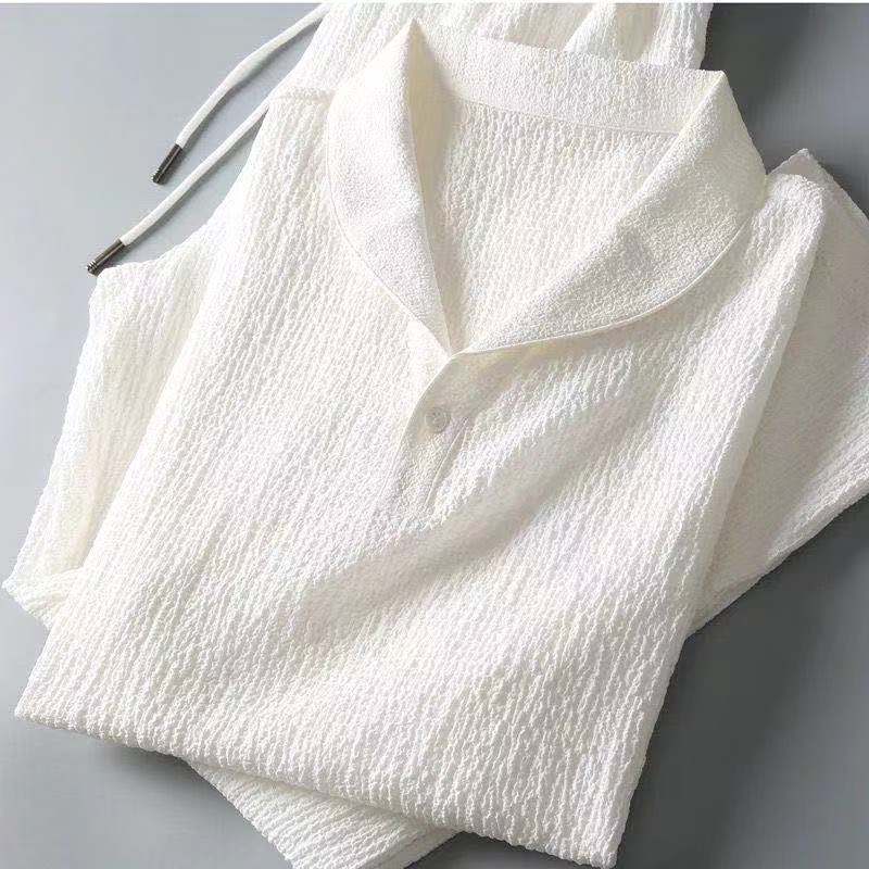 White Casual Sports Suit Men'S Summer Lapel Fashionable Light Luxury Pleated Two-Piece Set Thin Duffy Handsome Trendy - Image 1