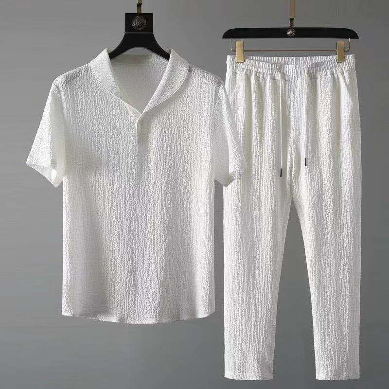 White Casual Sports Suit Men'S Summer Lapel Fashionable Light Luxury Pleated Two-Piece Set Thin Duffy Handsome Trendy - Image 3
