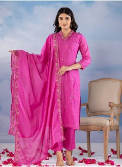 PRIYA’S PANACHE Pink Cotton Mal Chanderi Kurta Pant Dupatta Set | Traditional Indian Dress for Women | Ready-to-Wear Ethnic Salwar Kameez Kurti Set  - Image 1