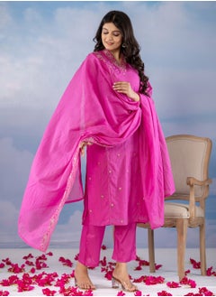 PRIYA’S PANACHE Pink Cotton Mal Chanderi Kurta Pant Dupatta Set | Traditional Indian Dress for Women | Ready-to-Wear Ethnic Salwar Kameez Kurti Set  - Image 2