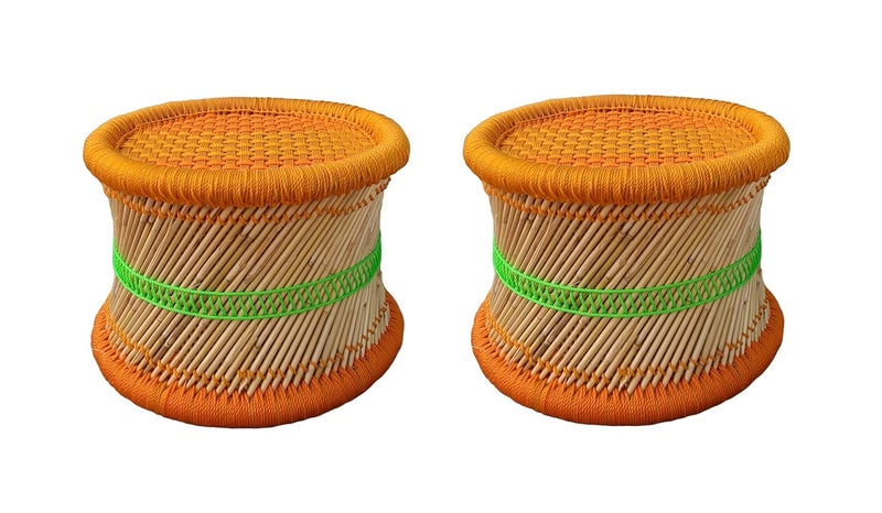 eGharonda EcoFriendly Natural Bamboo SARKANDA Muddi Stool for OutdoorIndoorFurnishing Orange Set of 2 10x12 Inches