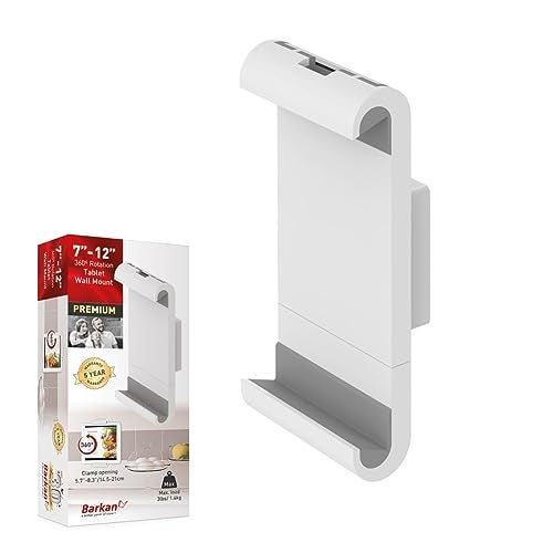 Barkan 7-12 inch Fixed Tablet Wall Mount 3 lbs White Firm Tablet Clamp 360 Degree Rotation Very Low Profile - Image 1