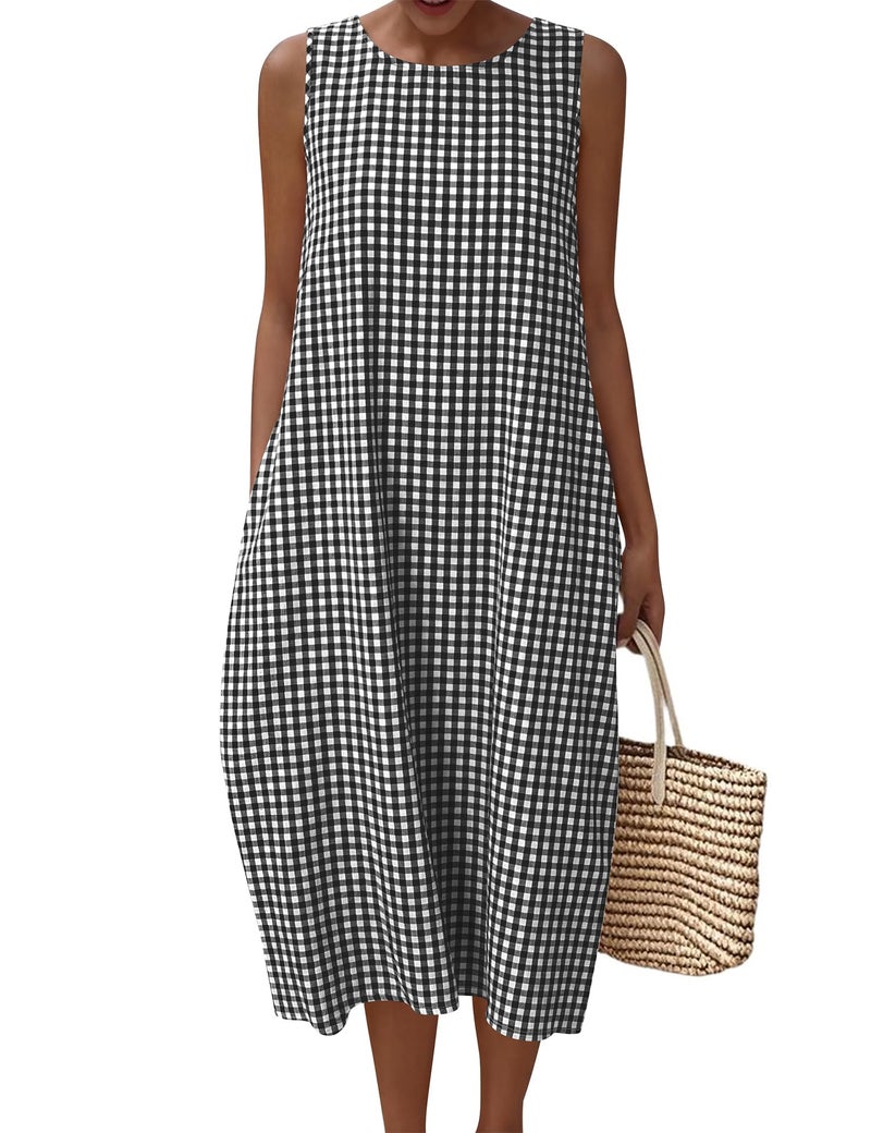 LOMON Women's Casual Maxi Dresses Beach Vacation Resort Dress Cotton Sleeveless Long Gingham Sundress with Pockets Black Plaid - Image 1