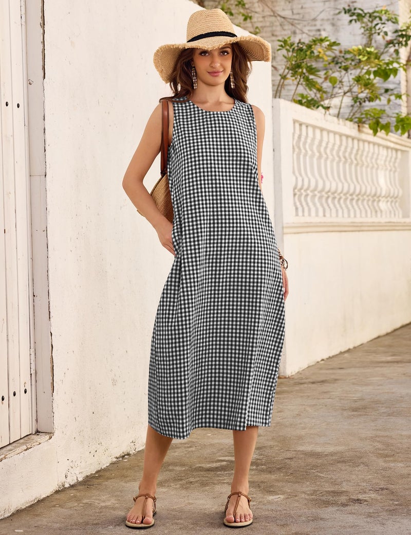 LOMON Women's Casual Maxi Dresses Beach Vacation Resort Dress Cotton Sleeveless Long Gingham Sundress with Pockets Black Plaid - Image 2