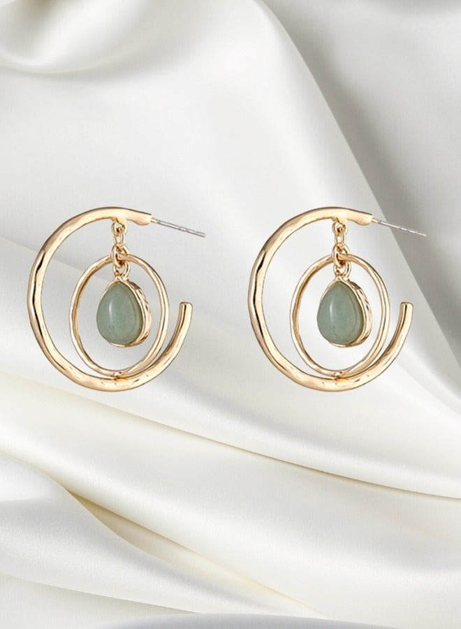 High Quality And Exquisite Women's Alloy Double Hoop Teardrop Shape Semi-precious Stone Fashion Earrings - Green