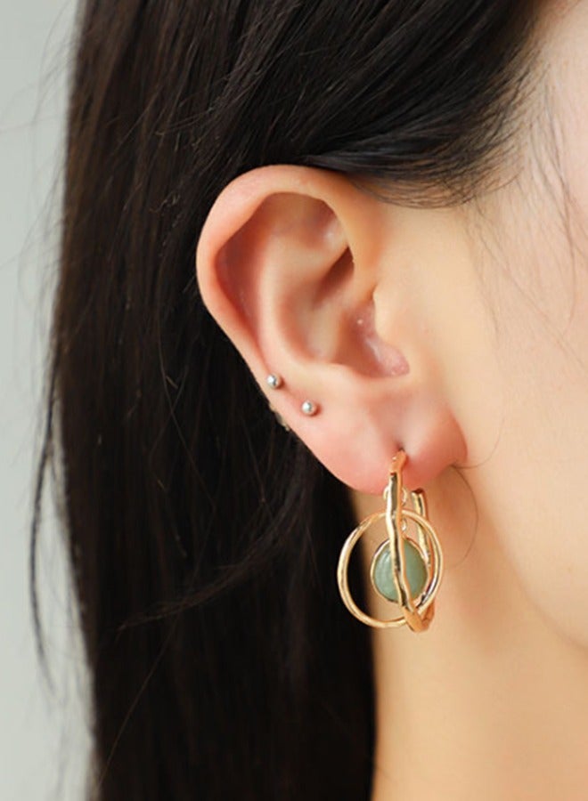 High Quality And Exquisite Women's Alloy Double Hoop Teardrop Shape Semi-precious Stone Fashion Earrings - Green