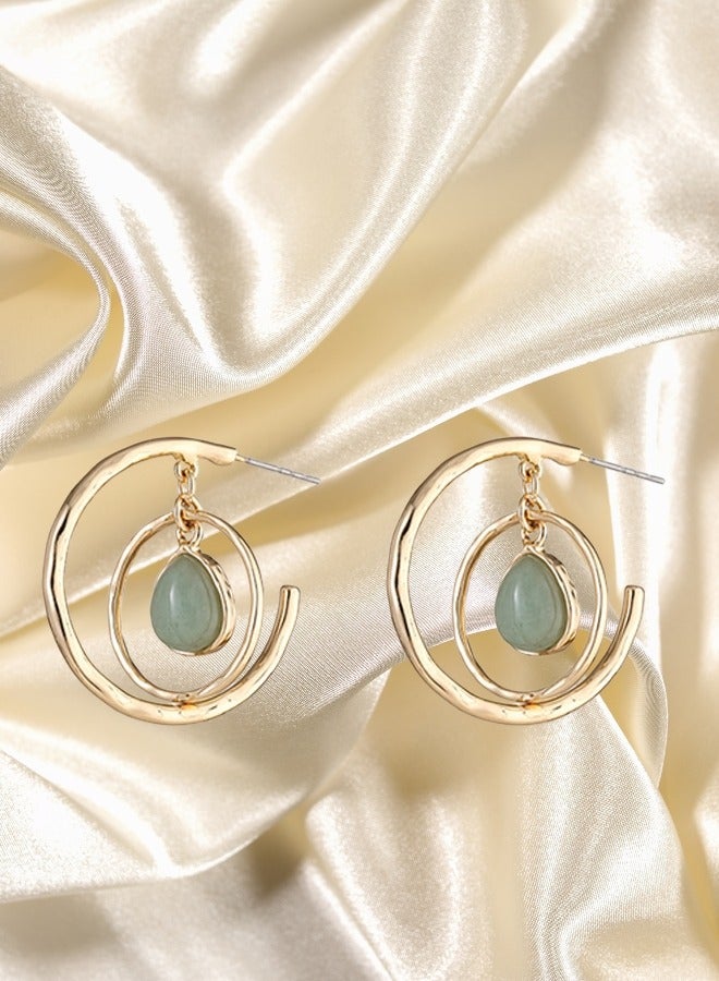 High Quality And Exquisite Women's Alloy Double Hoop Teardrop Shape Semi-precious Stone Fashion Earrings - Green