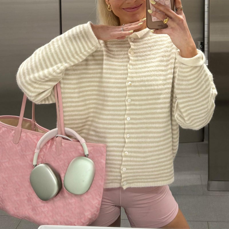 Yuemengxuan Women Knitted Cardigan Sweaters Long Sleeve Button Down Loose Knitwear Tops Y2k Vintage Jumper Knit Shirt (Light Yellow Stripes, M) - Image 4