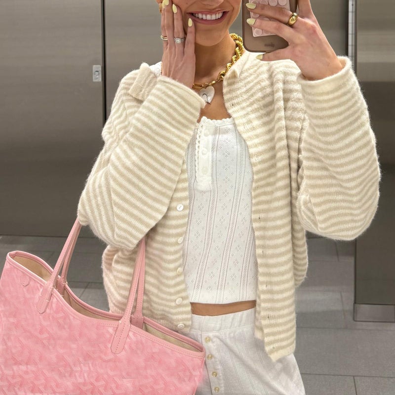 Yuemengxuan Women Knitted Cardigan Sweaters Long Sleeve Button Down Loose Knitwear Tops Y2k Vintage Jumper Knit Shirt (Light Yellow Stripes, M) - Image 3