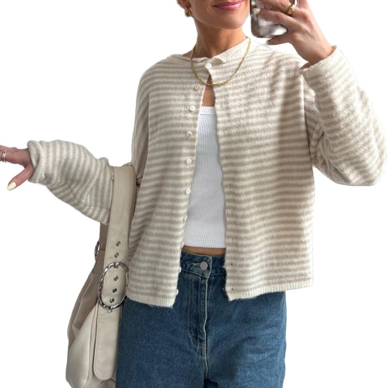 Yuemengxuan Women Knitted Cardigan Sweaters Long Sleeve Button Down Loose Knitwear Tops Y2k Vintage Jumper Knit Shirt (Light Yellow Stripes, M) - Image 1