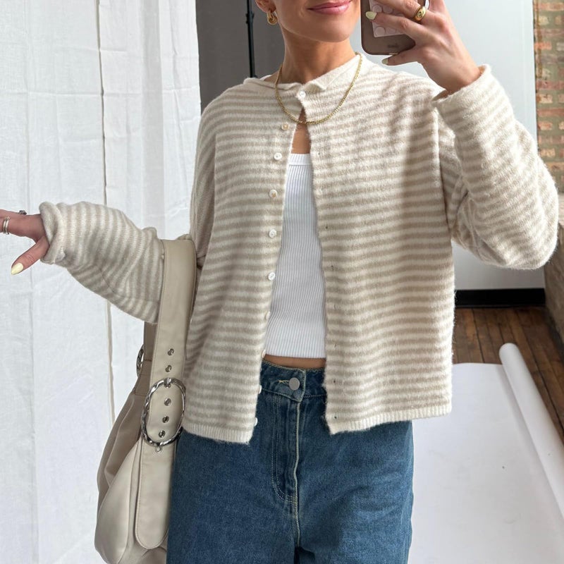Yuemengxuan Women Knitted Cardigan Sweaters Long Sleeve Button Down Loose Knitwear Tops Y2k Vintage Jumper Knit Shirt (Light Yellow Stripes, M) - Image 2
