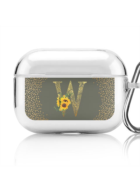 Classic Clear printed Case for Apple Airpods Pro Soft TPU Gel Thin Transparent Flexible Cover - Custom Monogram Initial Letter Mandala Floral Pattern Alphabet - W (Olive Green )