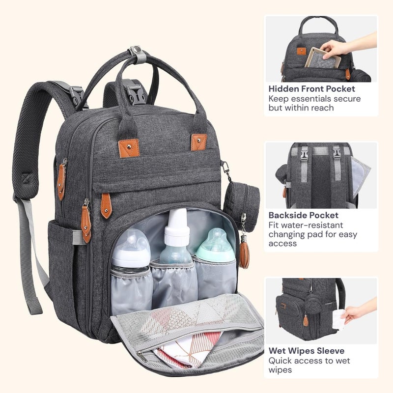 BabbleRoo Diaper Bag Backpack - Baby Essentials Travel Tote - Multi Function Water Resistant Diaper Bag, Travel Essentials Baby Bag with Changing Pad, Stroller Straps & Pacifier Case - Dark Gray - Image 5
